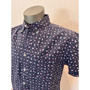 Con.Struct Button Down Shirt Mens Medium Navy Pink Floral Excellent Short Sleeve
